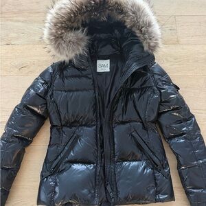 SAM. Shiny Black Puffer Jacket with Fur Trim